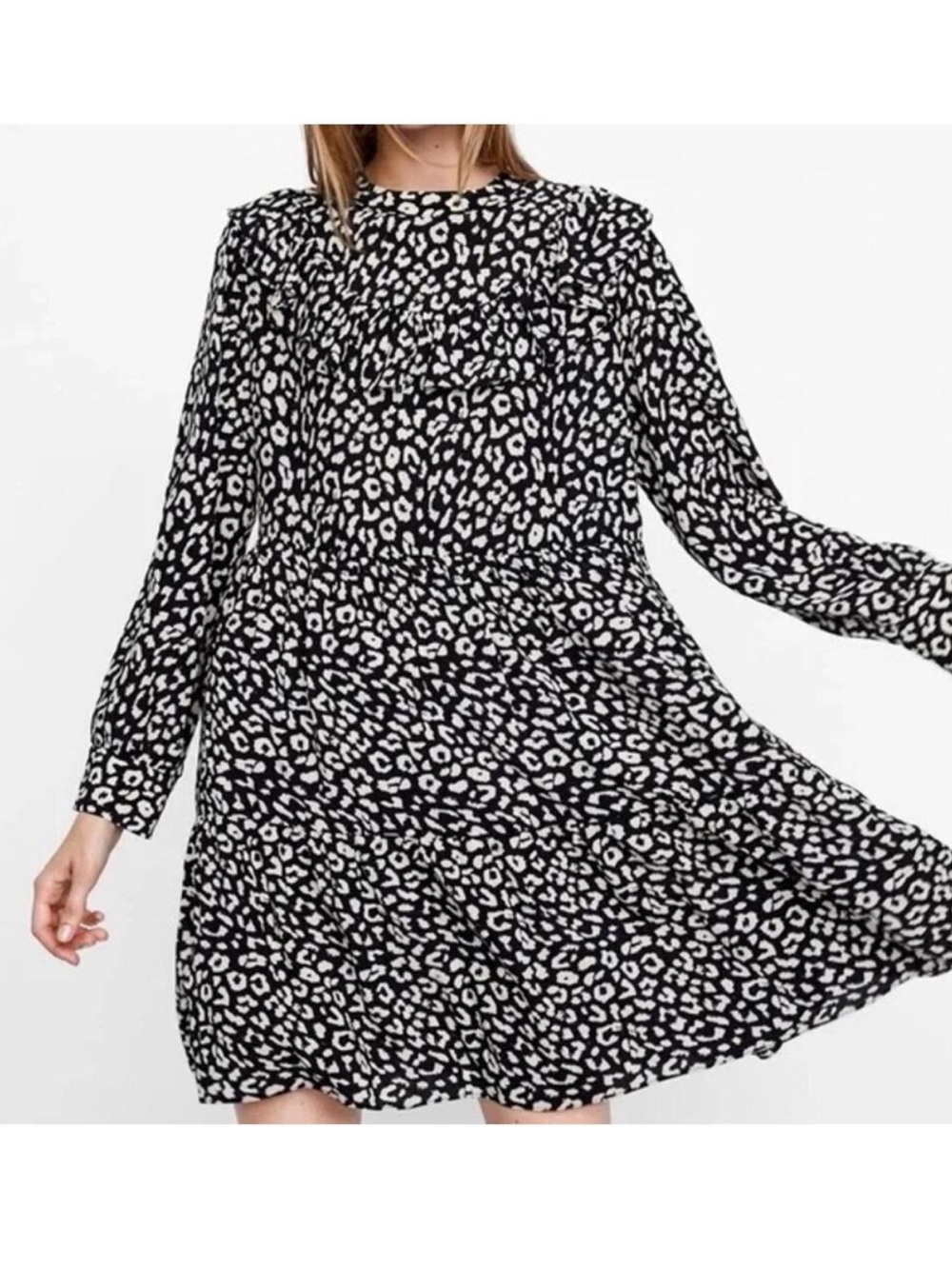 Zara Black and Cream Leopard Print Long Sleeve Dress